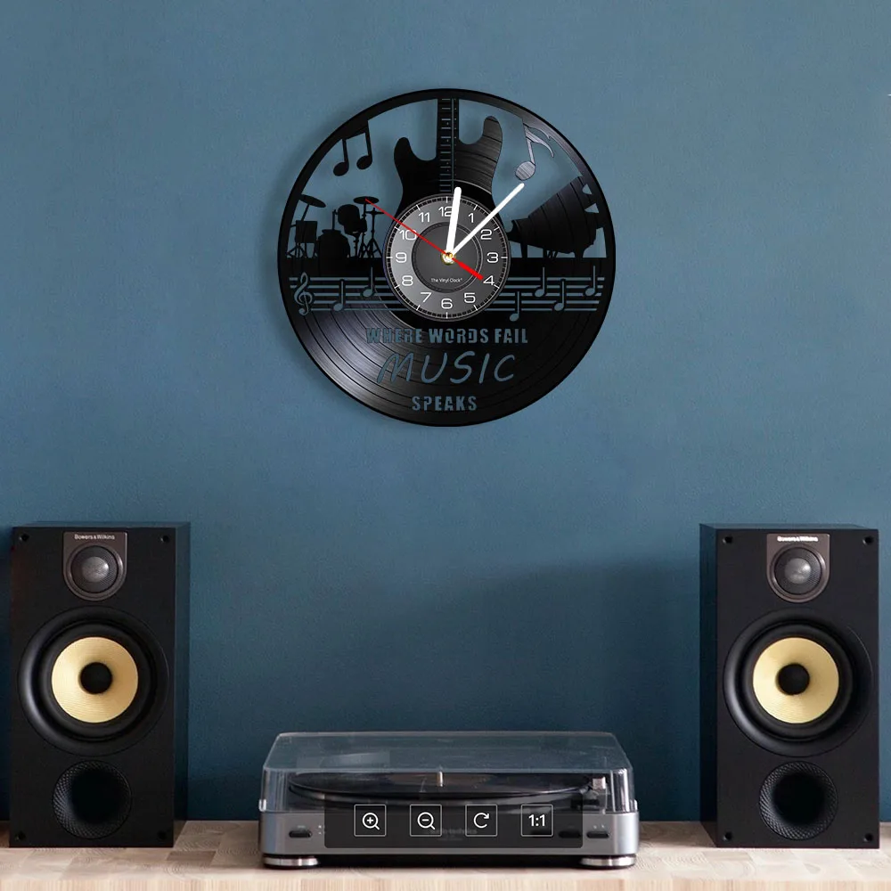 Where Words Fail Music Speaks Musical Quote Wall Art Vinyl Record Wall Clock Guitar Decorative LP Clock Rock n Roll Music Gift