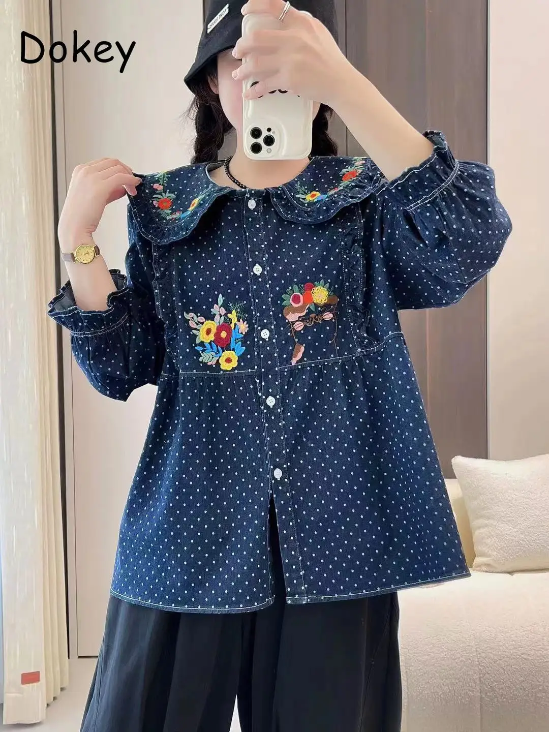 Women Flower Embroidery Blue Denim Kawaii Shirts Japanese Mori Girl Peter Pan Collar Long Sleeve Lolita Blouse Autumn Loose Tops