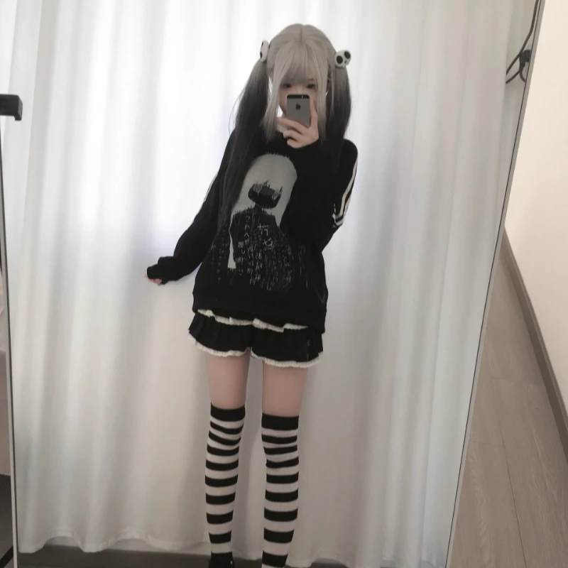 2025 Spring And Autumn Ladies Long Sleeves Y2k Top Original Two Dimension Cute Loose Stripe Sweatshirts Versatile Pullovers Girl