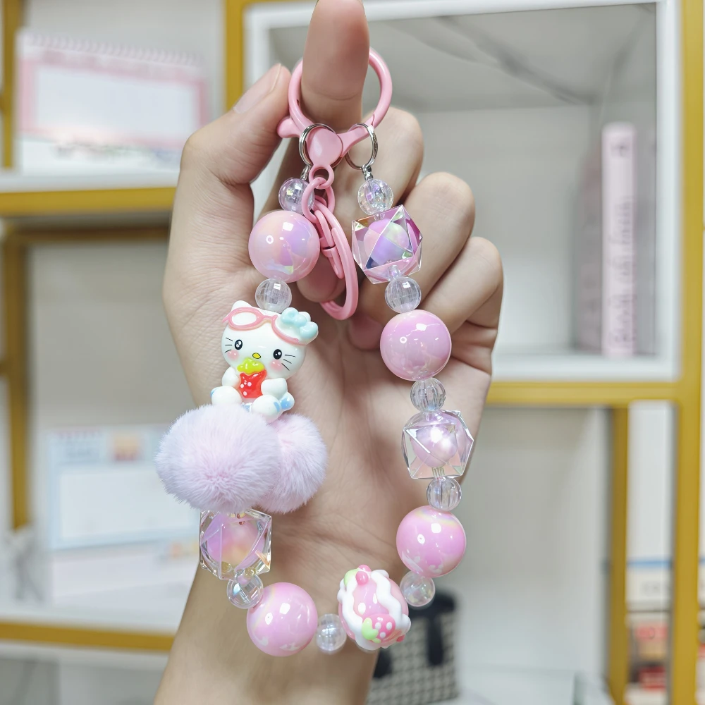 

Creative Sanrio Beaded Mobile Phone Chain, Hello Kitty Anime Keychain, Kawaii Bag Pendant, Girl Gift.
