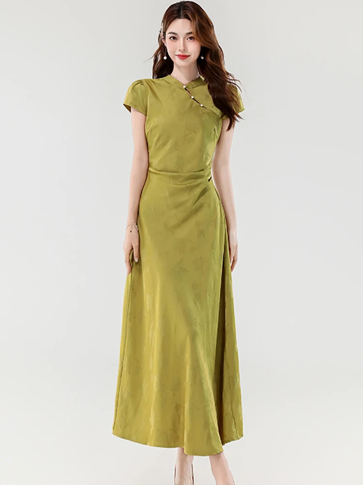サマーグリーンジャカードサテンスタンドカラーロングドレス レディース 韓国風ラグジュアリーボディコンラッフルプロムドレス 2025 ヴィンテージエレガントドレス