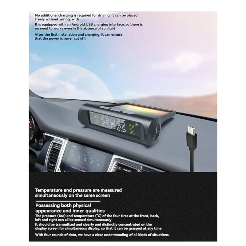 Superior-For Car Solar Powered TPMS Tire Pressure Monitoring System Including Temperature Gauge And Air Pressure Sensor