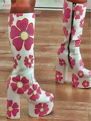 Women's Floral Print Mid Calf Boots Women's Chunky High Heel Zipper Round Toe Winter Autumn Sexy Pole Dancing Customize Shoes