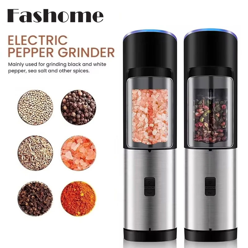 

1/2pcs Electric Automatic Pepper Grinder Set Kitchen Stainless Steel Spice Mill Salt Mills Adjustable Coarseness Gravity