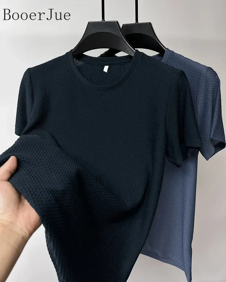 Markenkleidung 6XL Sommer Eisseide Hochwertige Einfarbige Kurzarm-T-Shirts für Herren Atmungsaktives Modisches T-Shirt für Männer – Detail 15