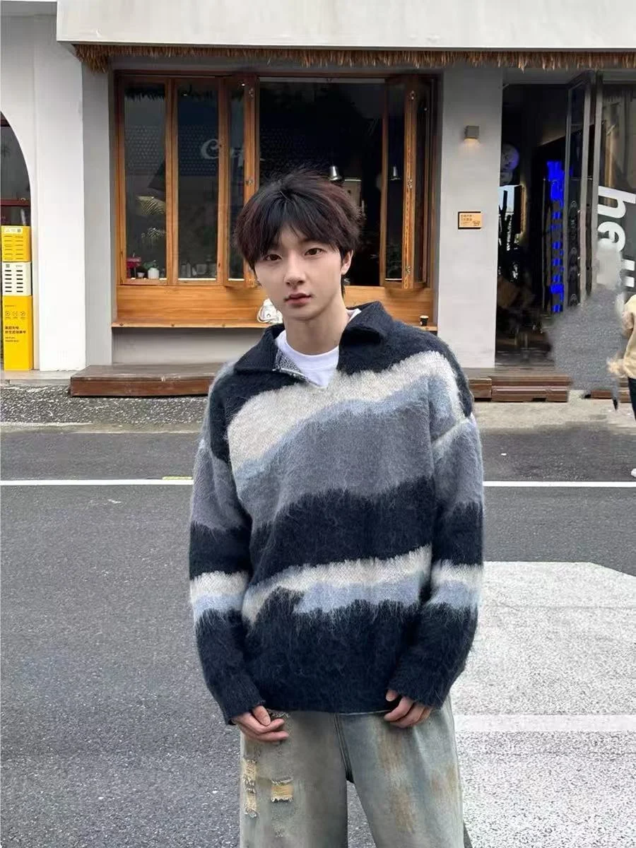 

American Retro Striped Knit Sweater Men's Autumn Winter Lazy Sle Collar Up-Over Long Sve Soft Warm Anti-Pilling