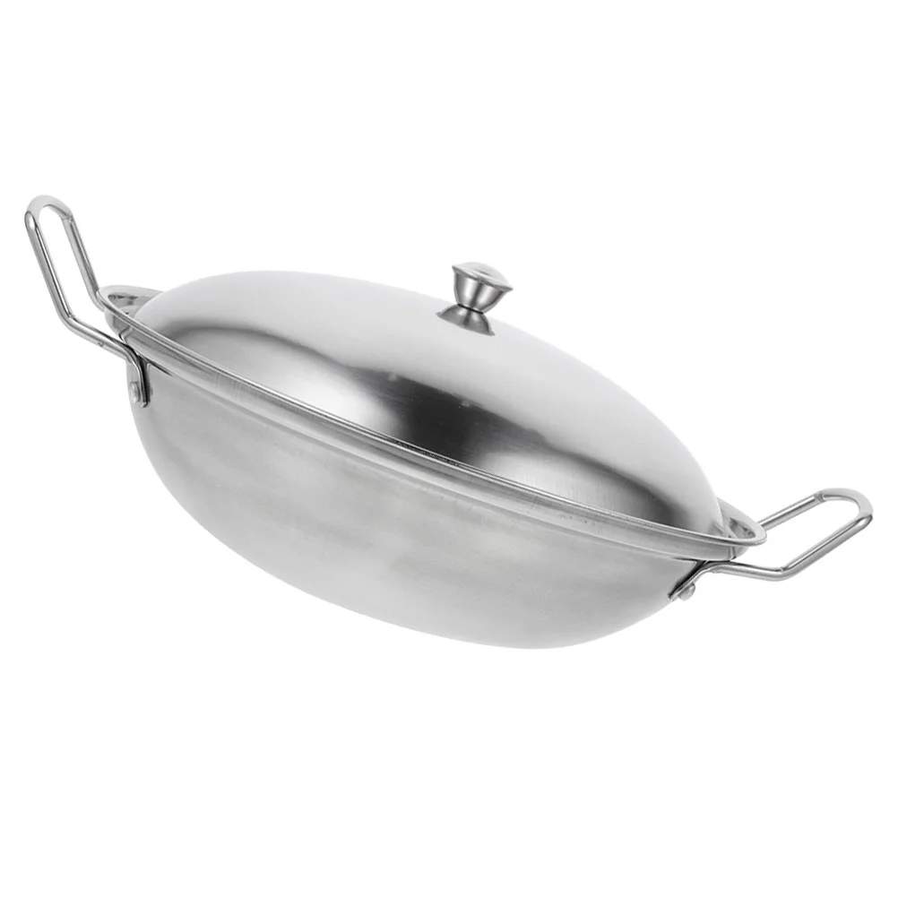 Kitchen Cooking Wok Pot Stove with Lid Stainless Double Handle Pan Multi-function Cookware