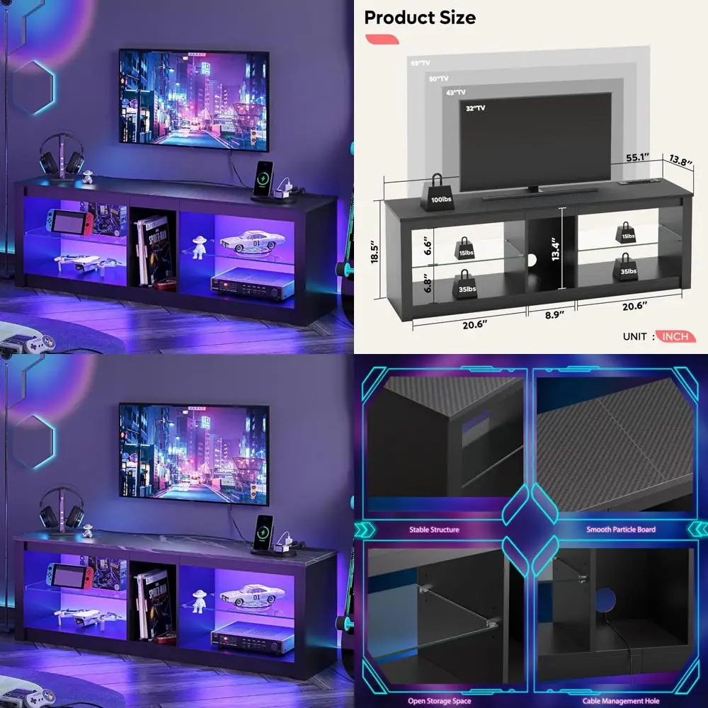 حامل تلفزيون LED مقاس 55 بوصة مع مخرج طاقة، حامل تلفزيون LED لأجهزة إكس بوكس، مركز ترفيه الألعاب مع مساحة تخزين لتلفزيون 55/60/65 بوصة، موديل #1