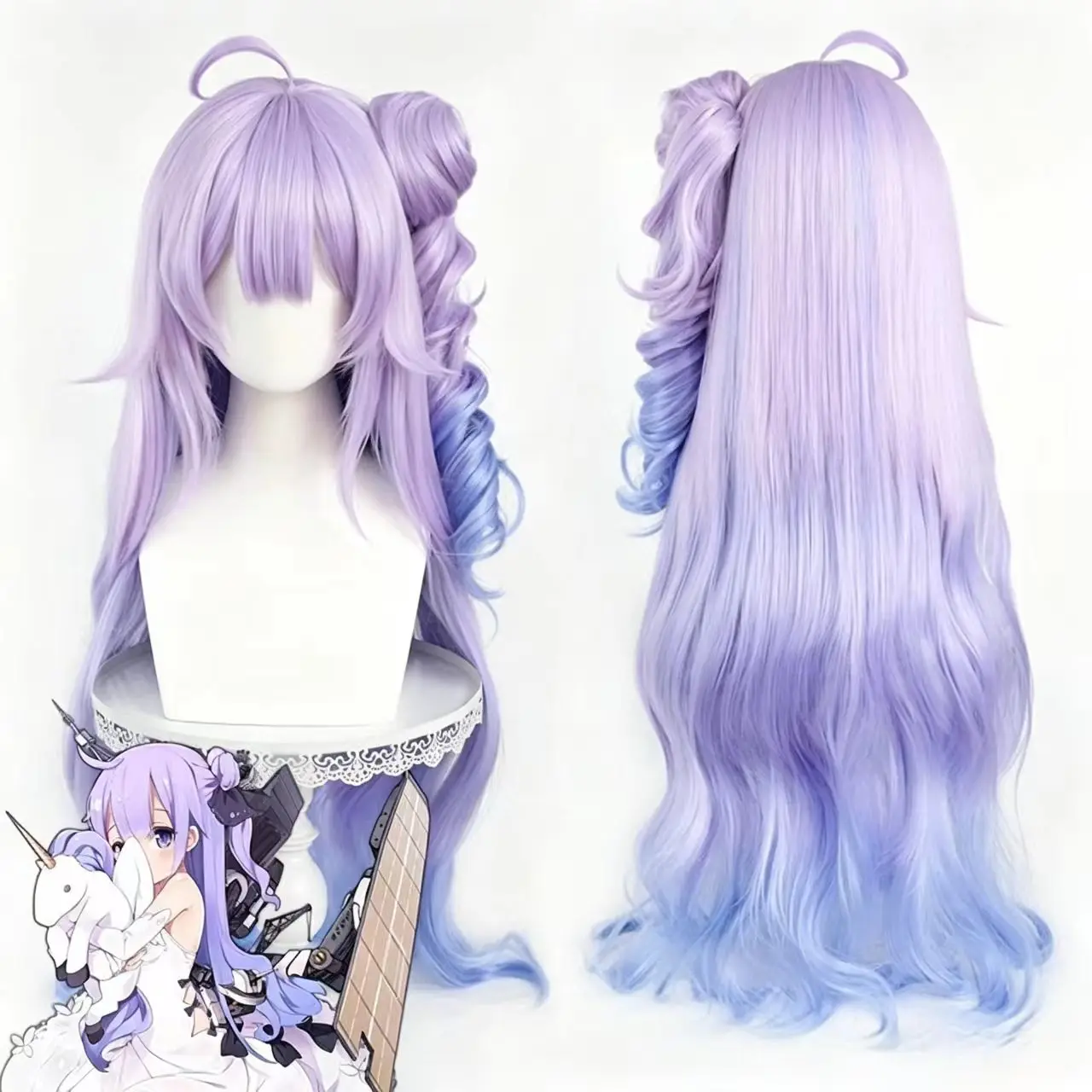 Azur Lane Unicorn Cosplay Wig Purple Gradient Blue Long Curly Wig With Bun Pre-styled Heat Resistant Hair for Halloween Party