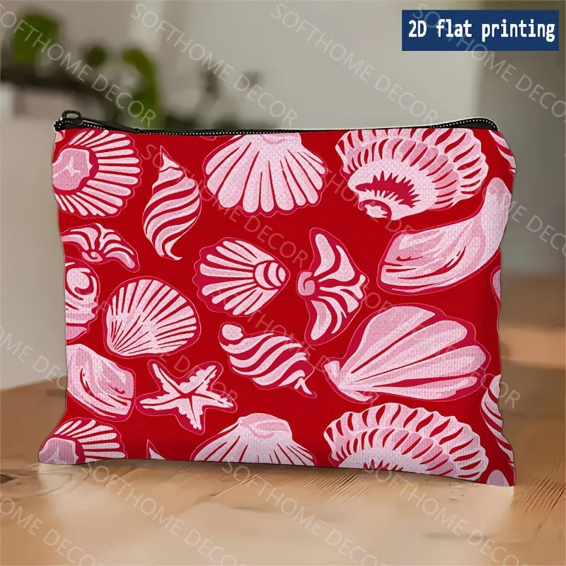 1 Piece Red Shell Ocean Beach Pattern Makeup Bag - Multifunctional Zipper Pouch for Women, Perfect Travel Zipper Storage Bag, Fun Birthday Gift