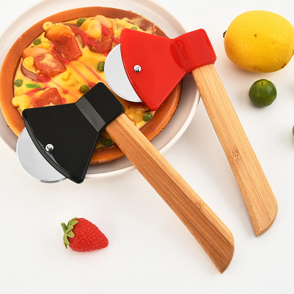 Pizza Cutter Wheel with Bamboo Handle Stainless Steel Axe Shaped Pizza Slicer for Pizza Pie Waffles Dough Kitchen Accessories