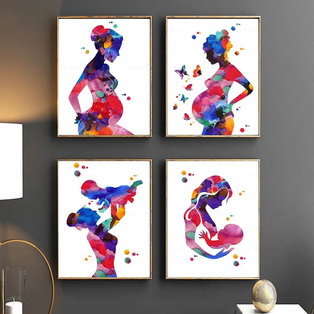 Mother&Child Canvas Painting Medical Print Pregnant Woman Watercolor Posters Gynecology Midwifery Obstetrics Wall Art Room Decor