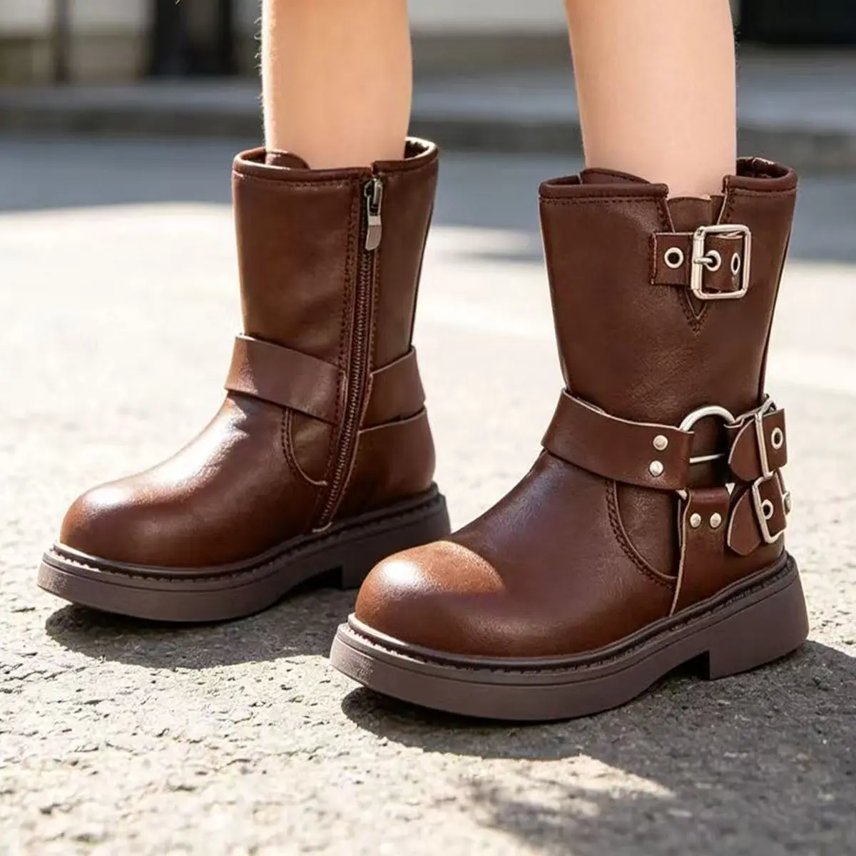 2026 Shoes for Girl Mid-Calf Girls Boots Platform Modern Boots Women Belt Buckle Square Toe Side Zip Square Heel Shoes Chlidren