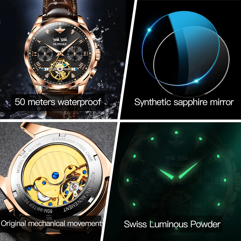 OUPINKE 3186 Mens Watch Automatic Mechanical Watch﻿ 50M Waterproof Tungsten Steel Business Watches For Man Original Reloj