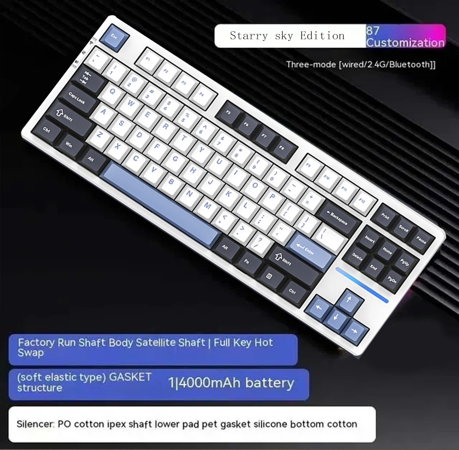 VGN V87 Pro Mechanical Keyboard 2.4g/Usb/Bluetooth Tri Mode Wireless 87 Key Rgb Pbt Gasket 5 Layer Silencing Full Key No Impact