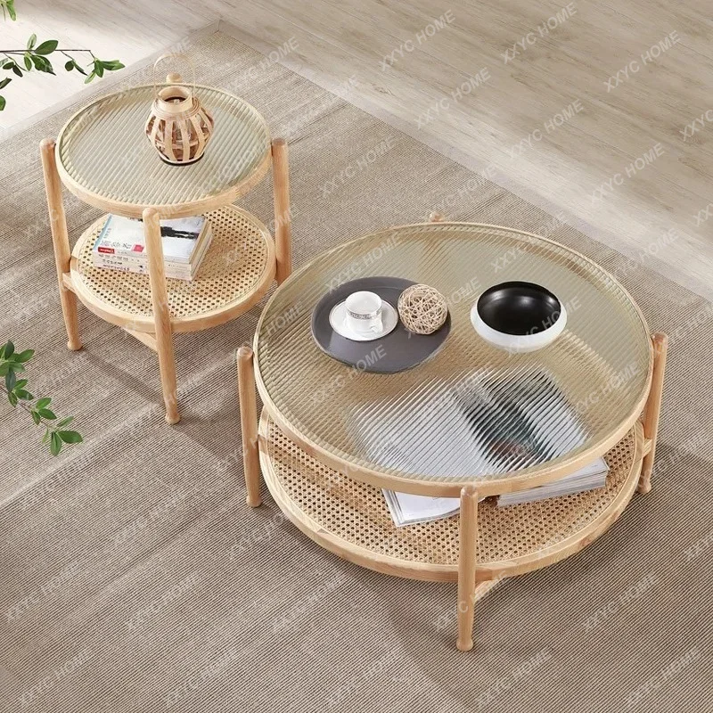 

yj9 simple modern solid wood rattan round coffee table living room B & B glass balcony small round table