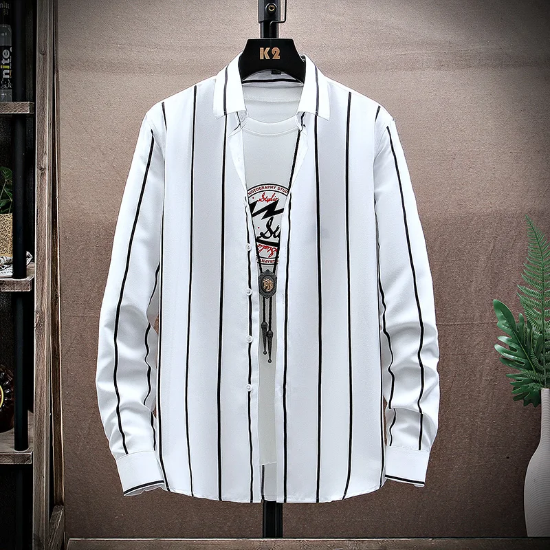

Trendy Striped Long Sve Casual irt Men's Faionable Slim Fit Korean Sle Autumn Spring Cardle Brand Stand Edition