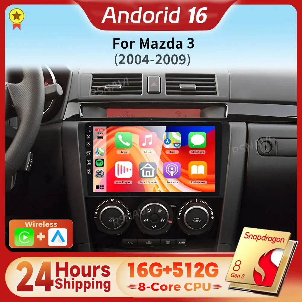 Radio Multimedia para Auto con Android 16, Qualcomm Carplay, para Mazda 3 bk maxx axel 2004 - 2013, Navegación, Autoradio, GPS, Snapdragon