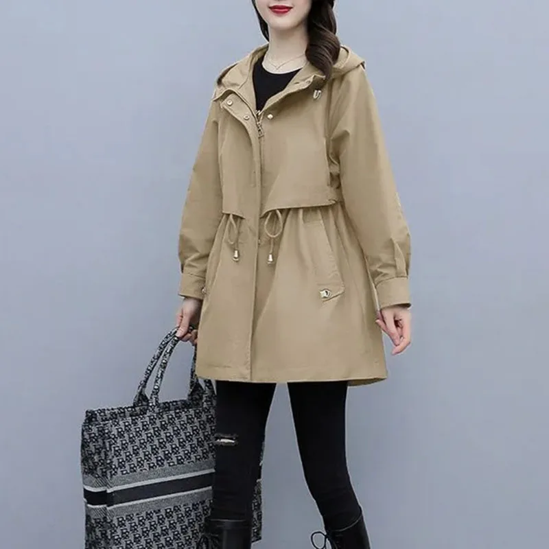 Women Autumn Hooded Trench Coat Fashion Drawcord Loose Pocket Solid Jacket Korean Office Lady Mid Length Casual Outerwear