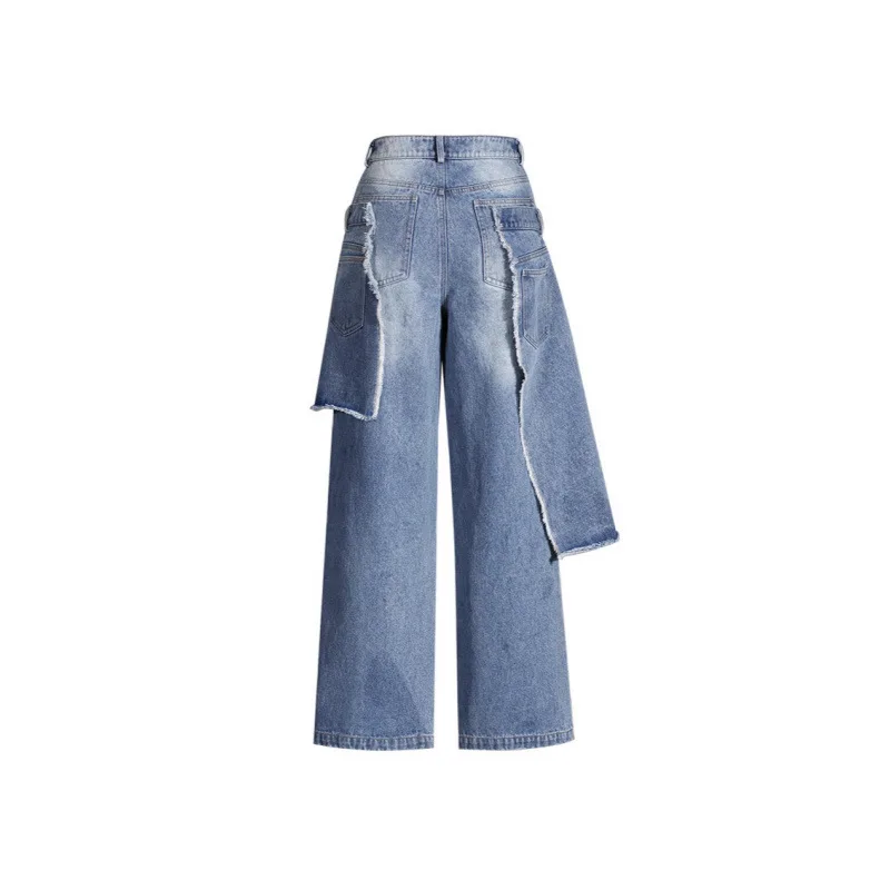 Fashion Fake Two-Piece Ripped Wide Leg Jeans Retro Sexy High Waist Elegant Patchwork Denim Restaurant Night Out Clubwear Outfit
