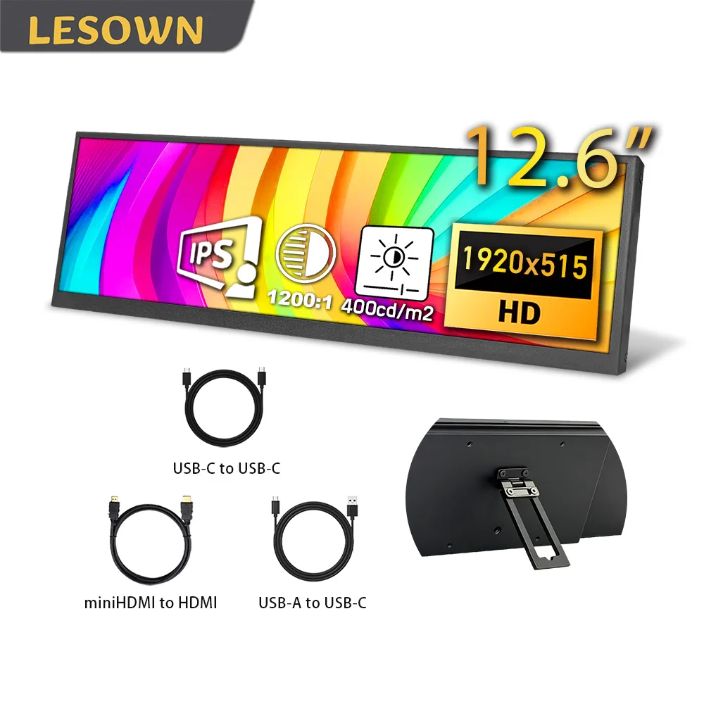 

LESOWN Stretched Bar Display 8.8 12.6 Inch 1920x515 Narrow Strip Monitor Real-Time Hardware Display Plug & Play PC Sensor Panel