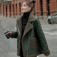 Autumn 2023 Women Winter New Stitching Loose Coats Female PU Leather Motorcycle Jackets Ladies Faux Lamb Fur Overcoats P709