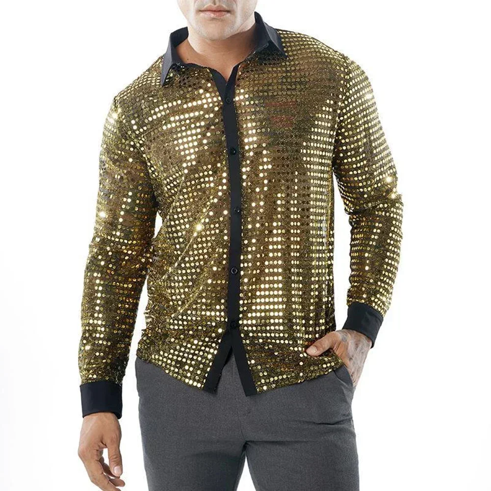 Men Sequined Shirt For Men Daily 1 1 Male Black Polyester + Mesh + Sequin Comfy Golden Spring Nightclub Silver