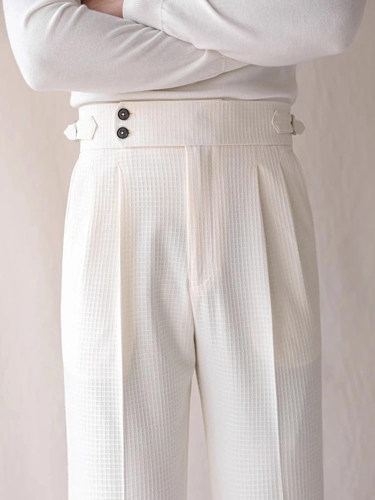 Męskie spodnie w stylu vintage z teksturą waflowej, na wiosnę i jesień, codzienne, casualowe, jednolite, garniturowe, modne, plisowane, proste.