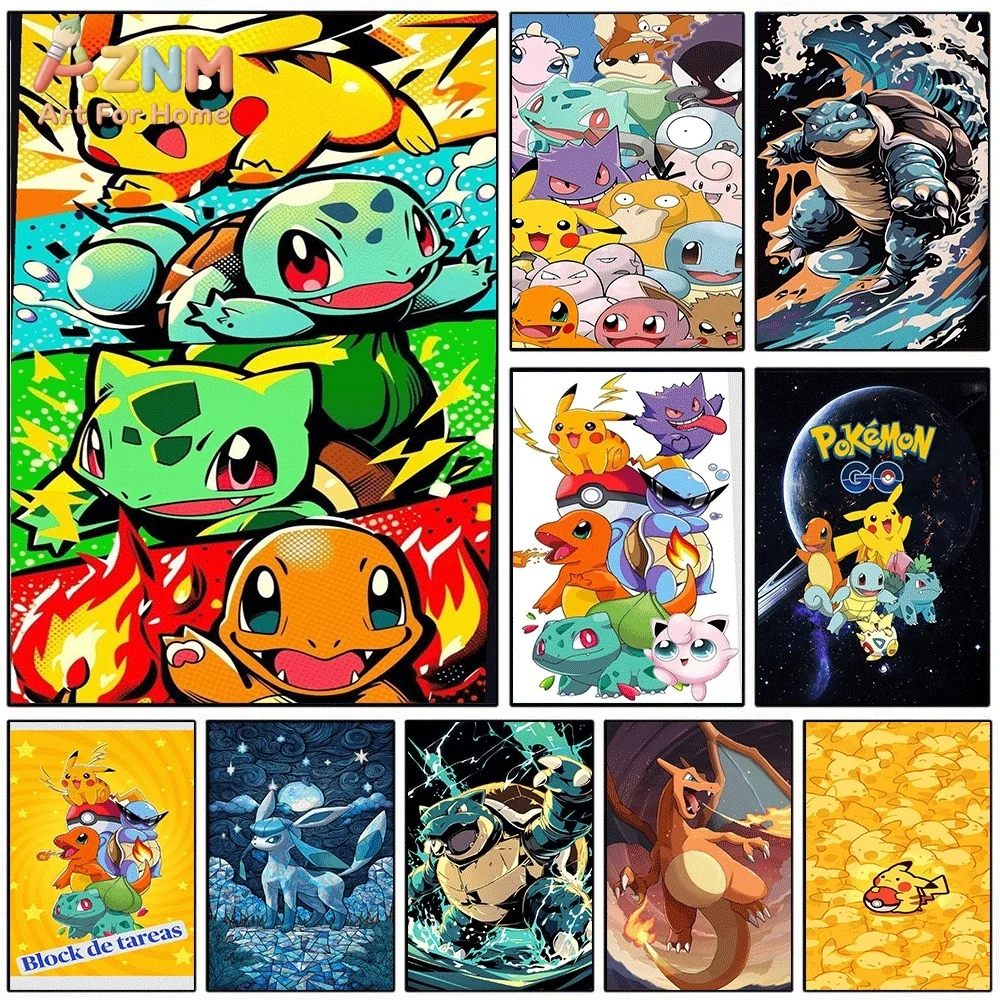 Anime Pokemon Pop‑art Starter Creatures Canvas Wall Art, Colorful Pocket Monster Cartoon Frameless Canvas Painting for Kids Be