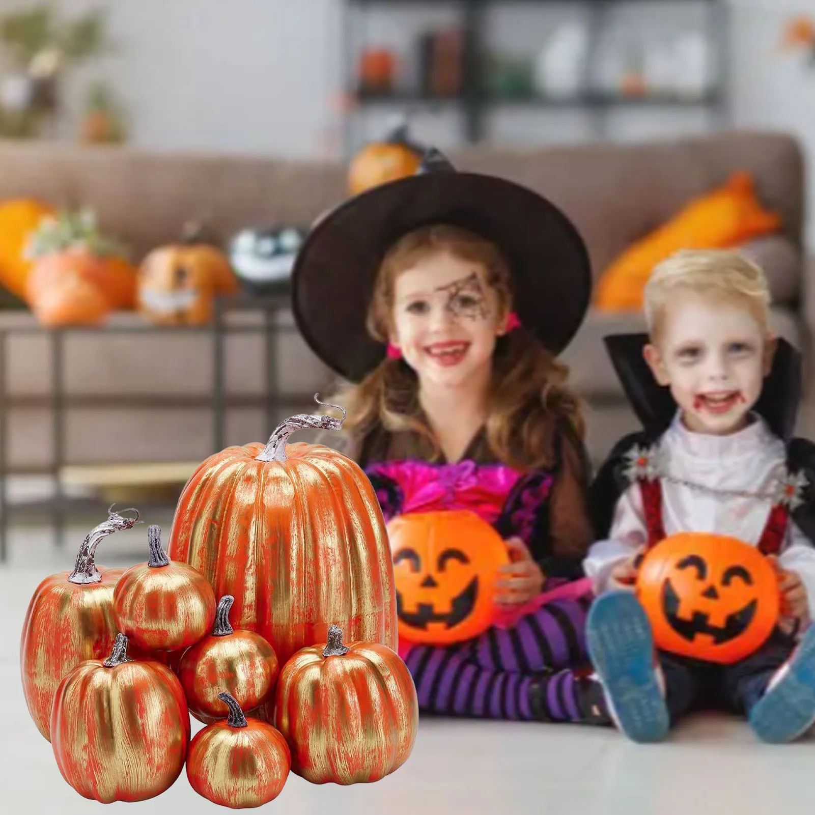 

Reusable Lightweight Foam Pumpkin Set 7pcs - Glossy Red Gold Simulated Prop for Home Decoration