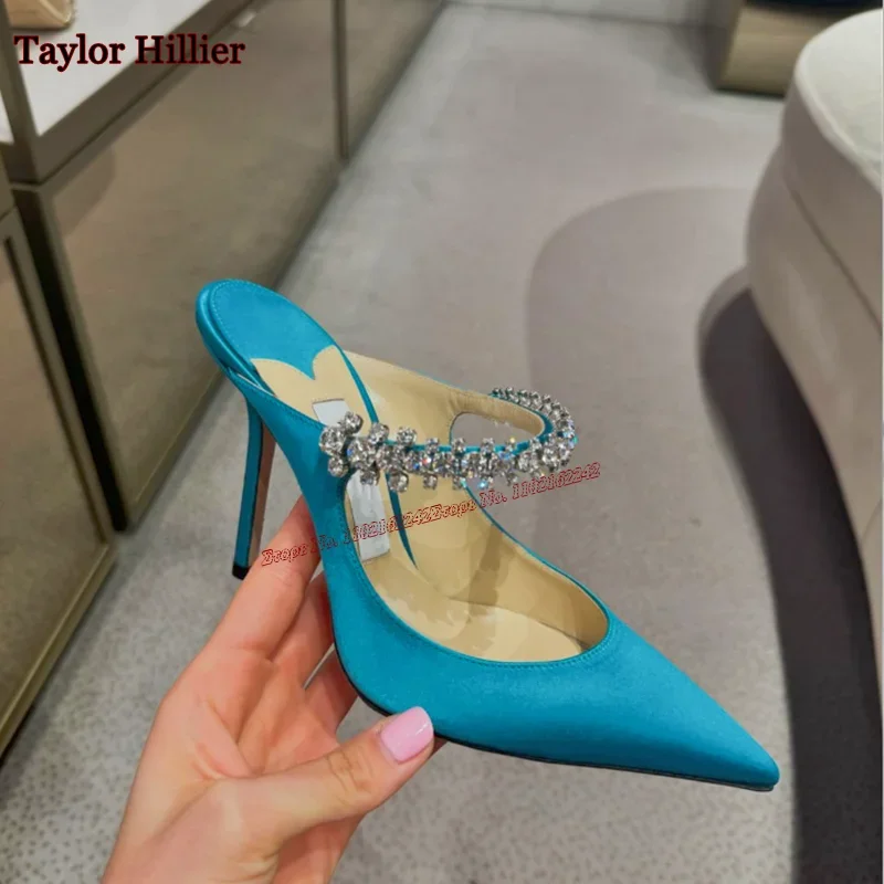 Rhinestone Satin Elegant Slipper Sandals Pointed Stiletto Heel Women'S Slippers Fashion Luxury Stiletto Heel Slippers Summer 46