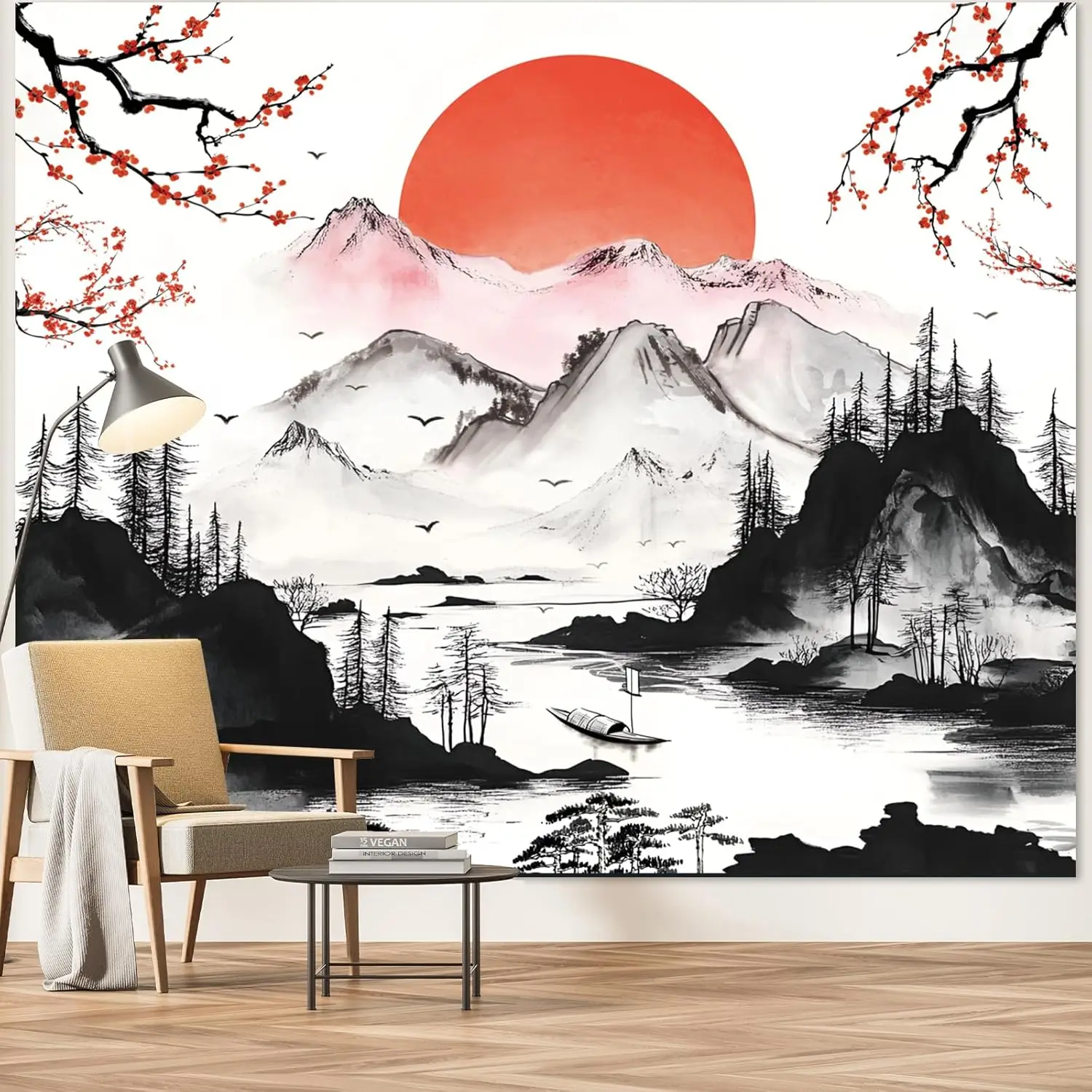 Japanese Mountain Tapestry for Bedroom, Aesthetic Anime Black and White Art Wall Tapestry,Watercolor Landscape Wall Handing