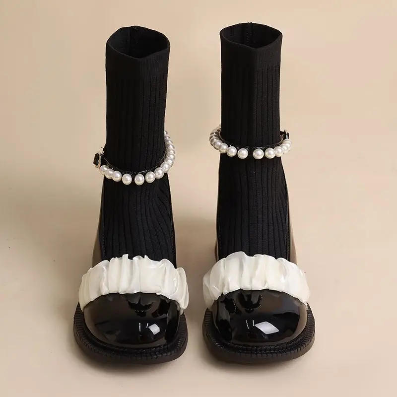 Black Booties White Cute Elegant with Medium Heels Short Shoes for Women Kawaii Footwear Female Ankle Boots Sock New in Y2k Pu