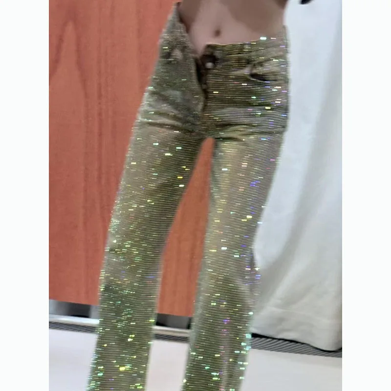 

American Spice Girls Design Full of Diamond Jeans Women's Spring and Summer New Personality Gypsophila Straight-Leg Long Pants
