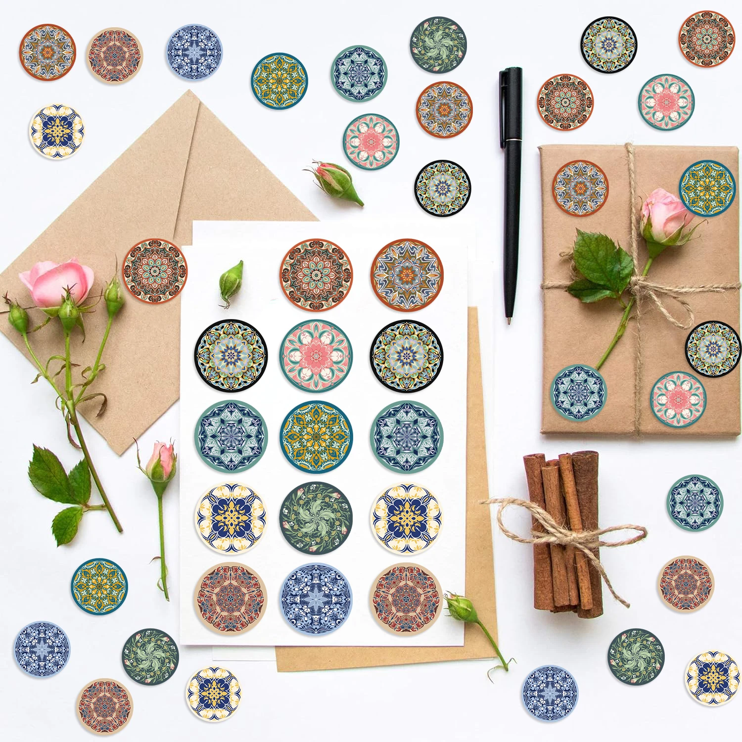 500pcs Retro Mandala Pattern Roll Stickers Decals For Phone Letter Notebook Luggage Skateboard DIY Aesthetic Waterproof Stickers view 5