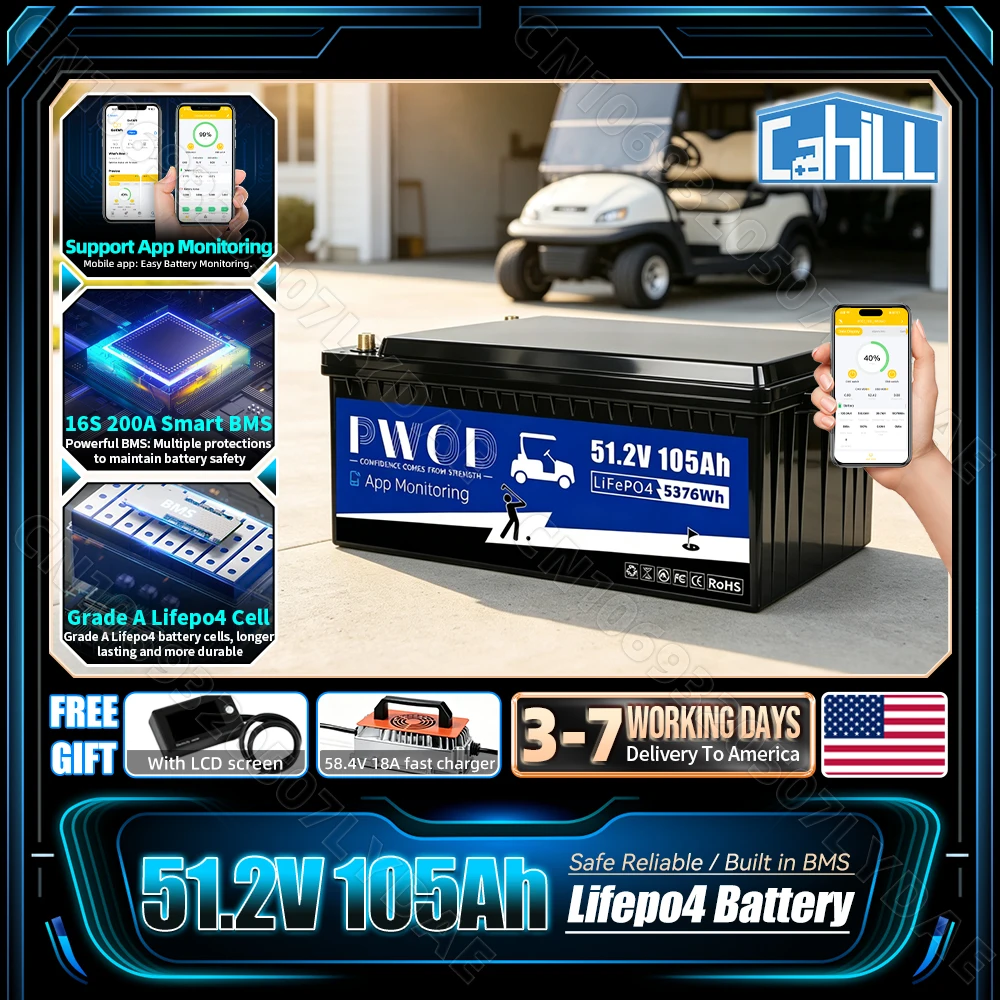 US Stock 48V 100ah 105ah Lifepo4 Battery Pack Built-in 16S 200A Smart Bluetooth BMS 3A Active Balancing 5736WH With Charger LCD Screen 51.2V Rechargeable Golf Cart LFP Battery For Golf Cart Backup Power RV Home Solar Energy Storage Battery