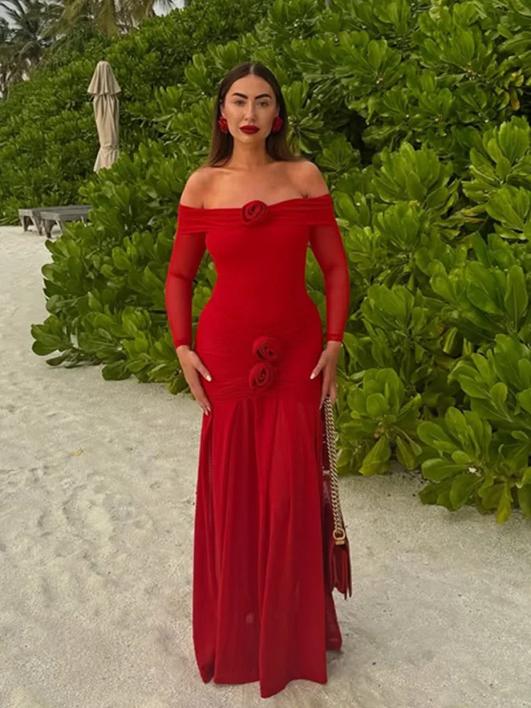 

2025 сексуальные красные длинные платья, элегантные женские платья с 3d цветочной сеткой и открытыми плечами, женские модные шикарные облегающие плиссированные уличные платья