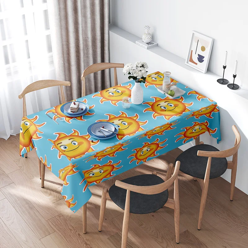 Bright Sun Cartoon Tablecloth Non-Slip Printed Plastic Cover for Home Decoration in Dining Room Furniture Blue Color (150x230cm)