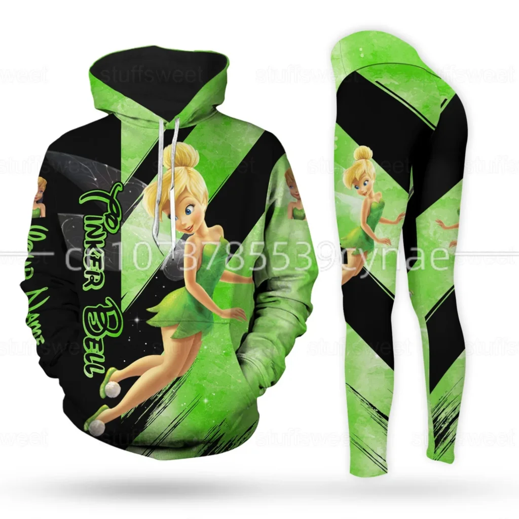 New Disney Tinker Bell 3D Hoodie Women\'s Hoodie Suit Tinker Bell Custom Name Yoga Pants Sweatpants Fashion Sports Suit