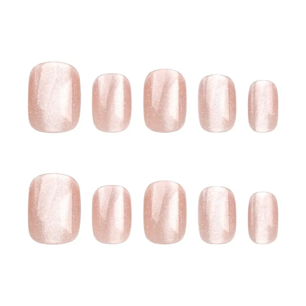 French False Nails Detachable Pink Cat Eye Full Cover Nail Tips Detachable Short Round Fake Nails for DIY