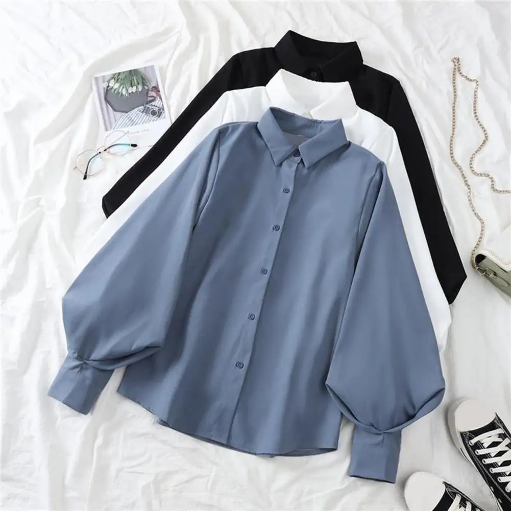 Women Casual Shirt Lapel Lantern Long Sleeve Baggy Shirt Top Solid Color Blouse Single Breasted Shirt Tops Streetwear 블라우스