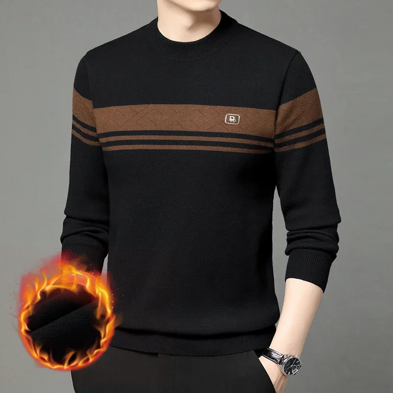 

Autumn Winter Thicken Warm Knitted Sweater Men Retro Casual Striped Knit Jacquard Pullovers Round Neck Knitwear Tops Streetwear