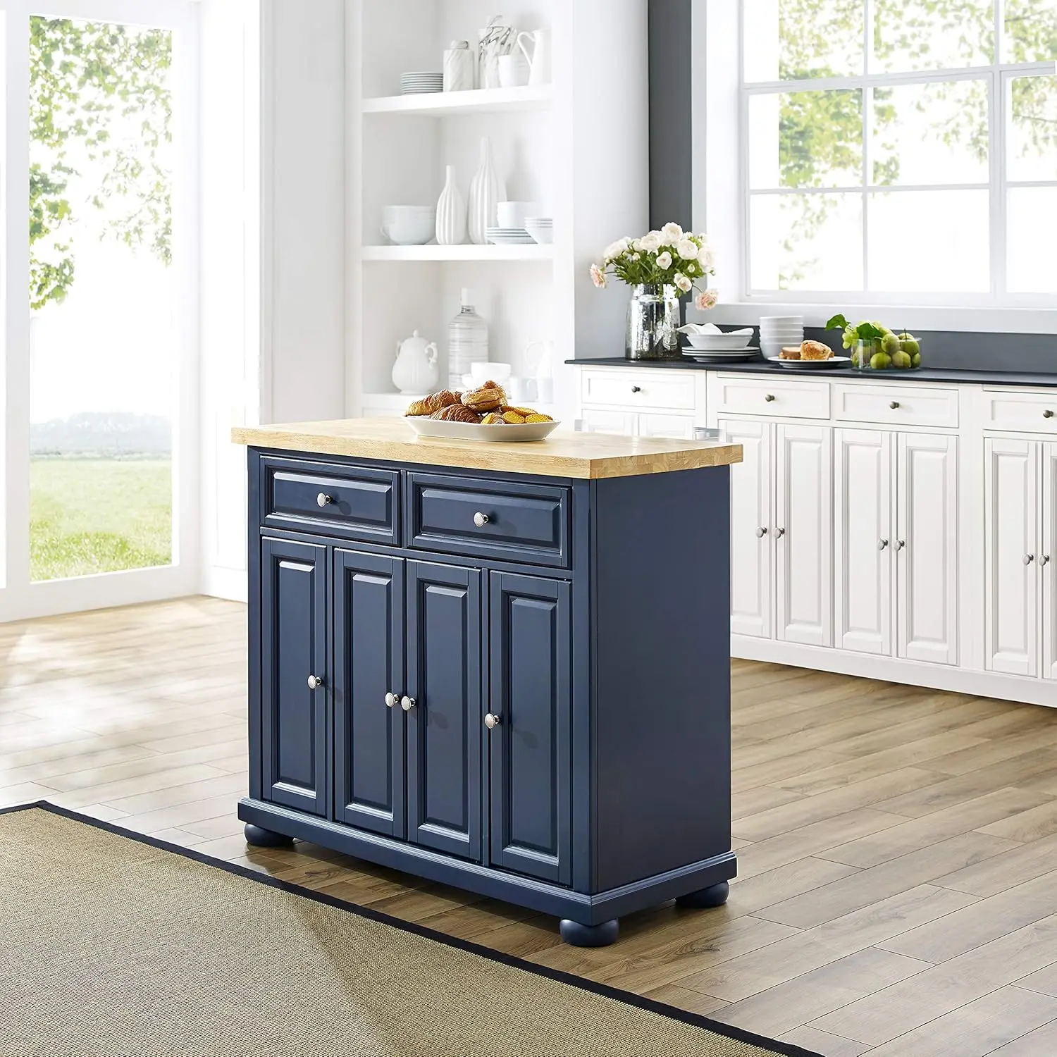 Crosley Furniture Kitchen Stationary Storage Island Cart with Butcher Block Top Navy 18