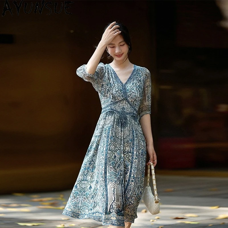 

AYUNSUE летнее платье из 100% тутового шелка, женская одежда, элегантное платье с принтом, длинные платья, Vestidos De Fiesta Elegantes 2025