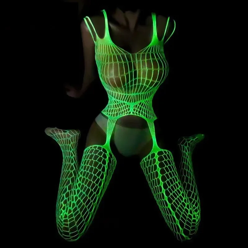 Sexy Glow Fishnet Bodysuit Women Sexy Lingerie Outfit Open Crotch Bodystockings Underwear Party Club Luminous Pole Dance Costume