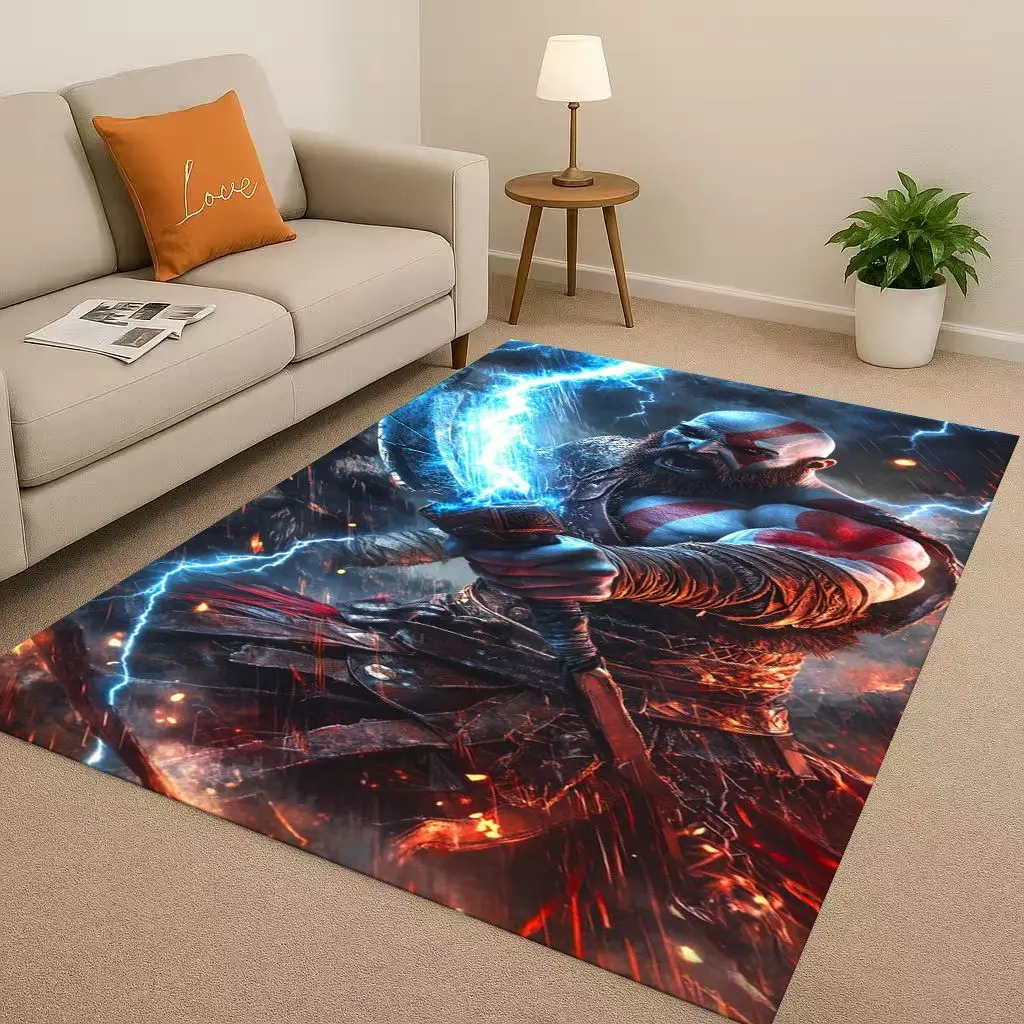 Gioco God of War Kratos Cartoon Gamer Soggiorno Tappeto antiscivolo Tappeto morbido per camera da letto Sala giochi Divano, Zerbino per la casa facile da pulire