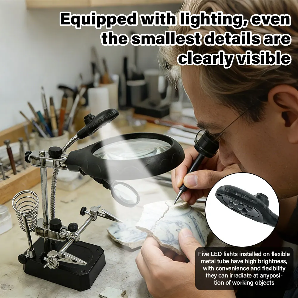 LED Magnifier Helping Hand Soldering Station, Auxiliary Clip Stand w/ Soldering Iron Holder for PCB, Phone Repair DIY Soldering