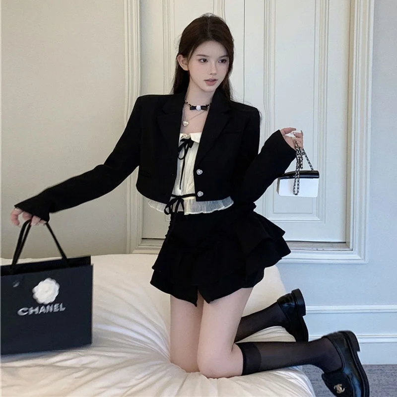 

Fashionable Pad Shoulder Suit Jacket with Bustle Skirt Pants Three Piece Set Korean Style Comfortable Long Sleeve V Neck Autu...