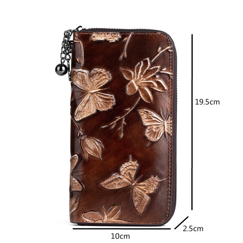 GAGACIA Vintage Embossed Long Wallets For Women Genuine Leather Purse Hand Painted High Quality Butterfly Wallet ID Card Holder