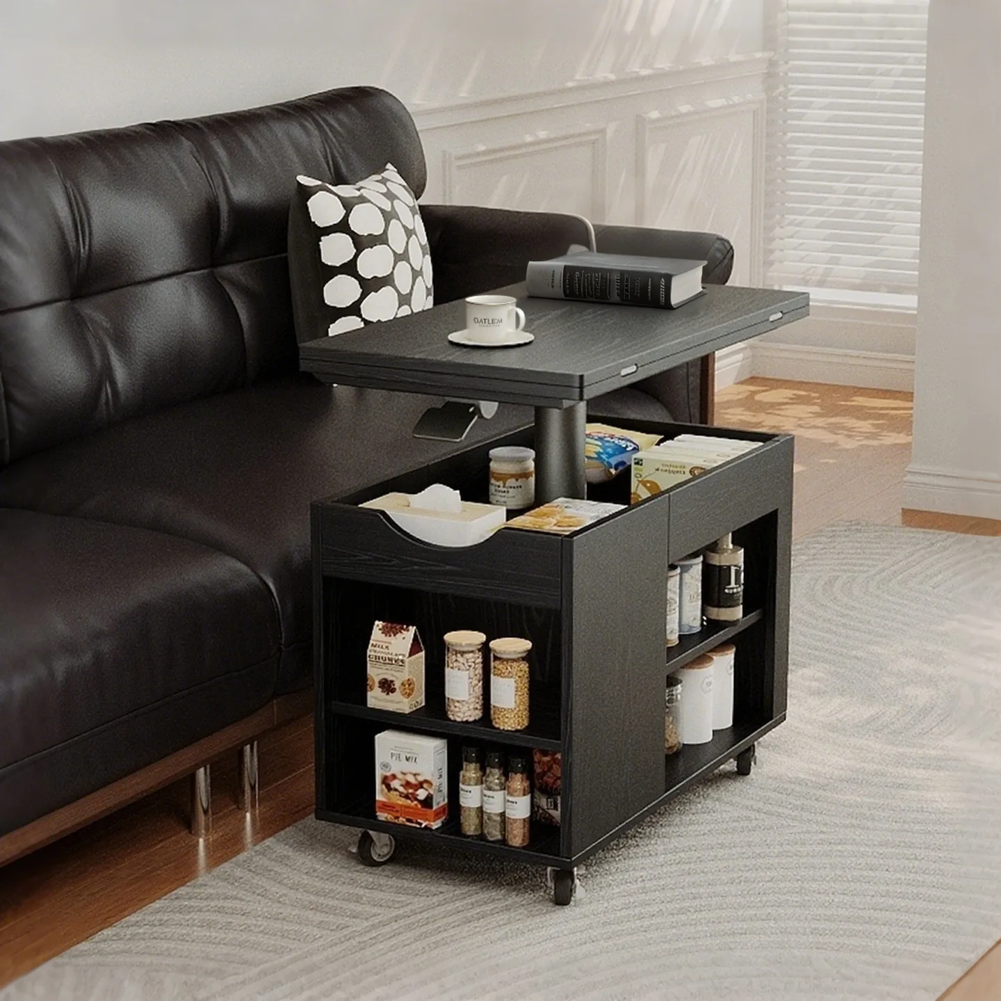 

Solid Wood High-End Living Room Side Table Luxury Lift-Foldable Movable Sofa Cabinet Balcony Coffee Cart for Home Furniture